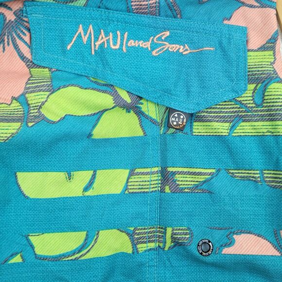 Maui and Sons aqua men's swim trunks pink green Hawaiian tropical print 36 - Picture 11 of 12